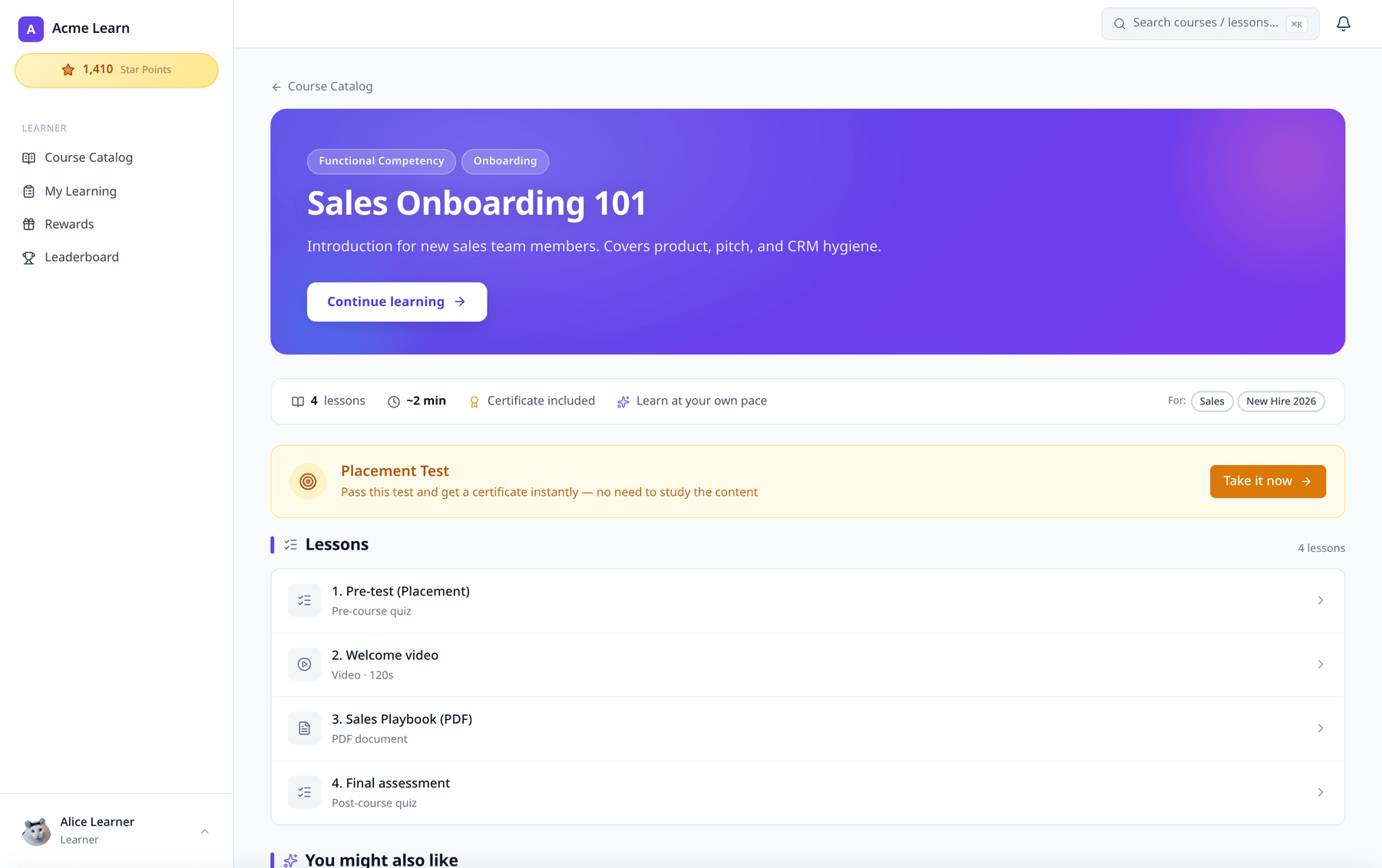 หน้าคอร์ส Sales Onboarding 101 พร้อมบทเรียน แบบทดสอบ และใบรับรอง